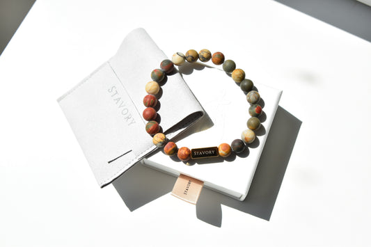 Stavory picasso jasper gold bead prosperity bracelet