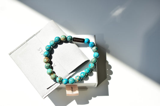 Stavory aqua imperial stone silver bead prosperity bracelet