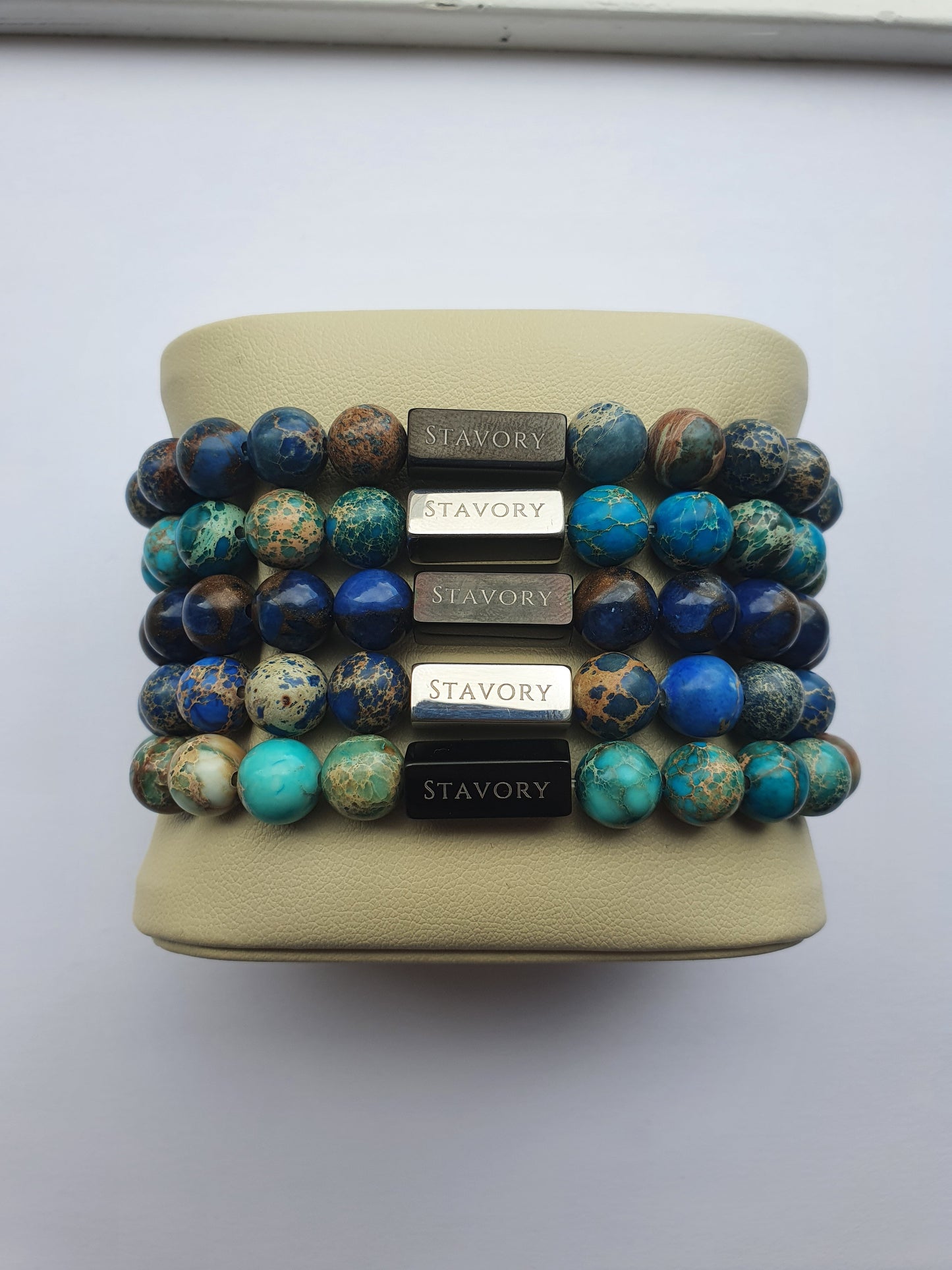 Stavory aqua imperial stone black bead prosperity bracelet